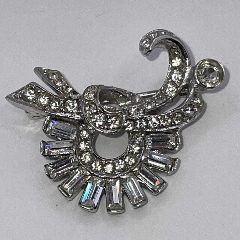 Sterling Silver 925 Baguette Clear Rhinestone Classic‎ Vintage Brooch Pin 1 Inch